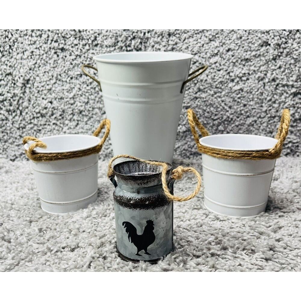 White Metal Bucket Container Round Farmhouse Bundle Of 4 Size Varies Home Decor
